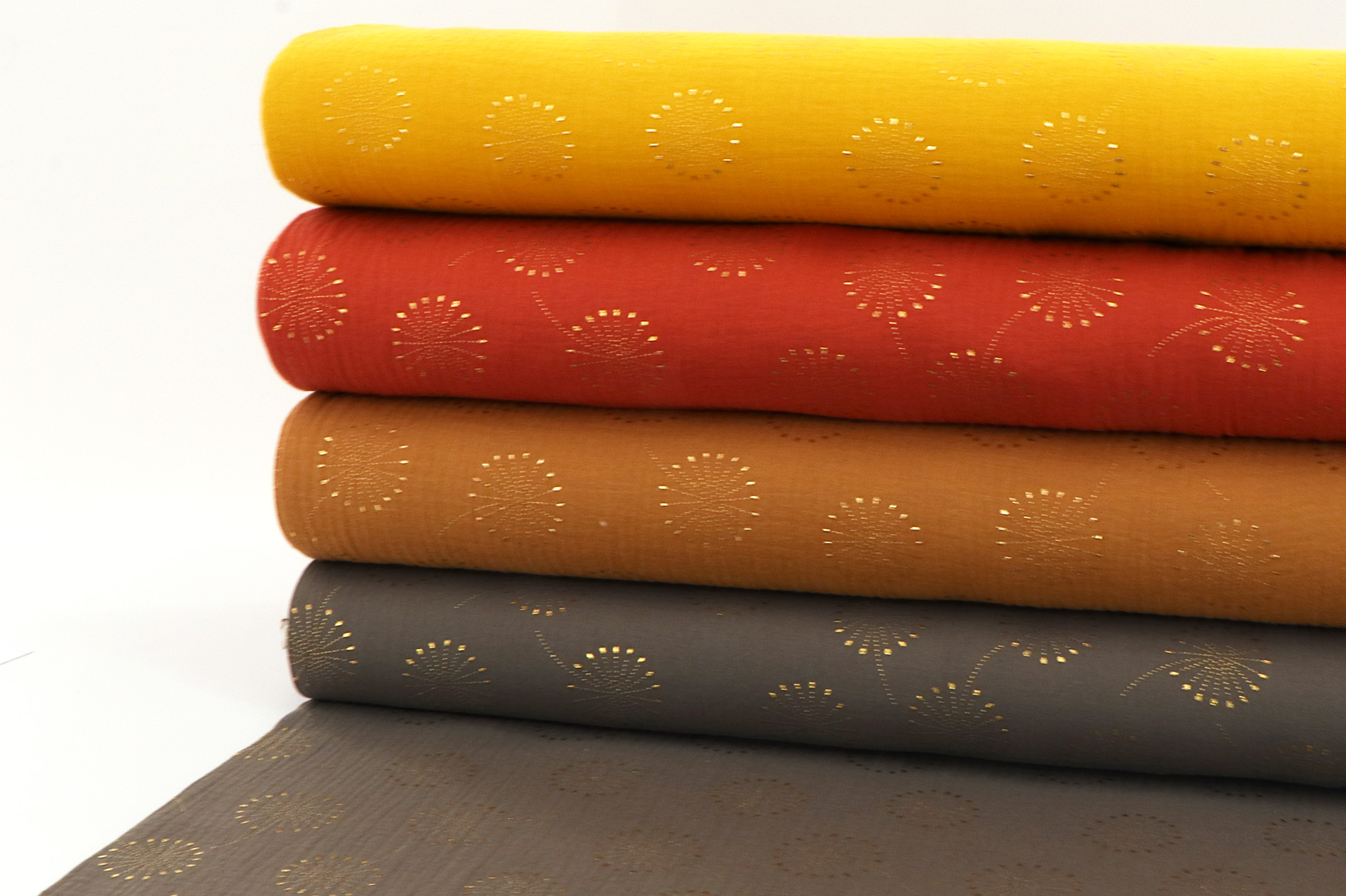 Musselin, metallic gold Pusteblumen rost/rot