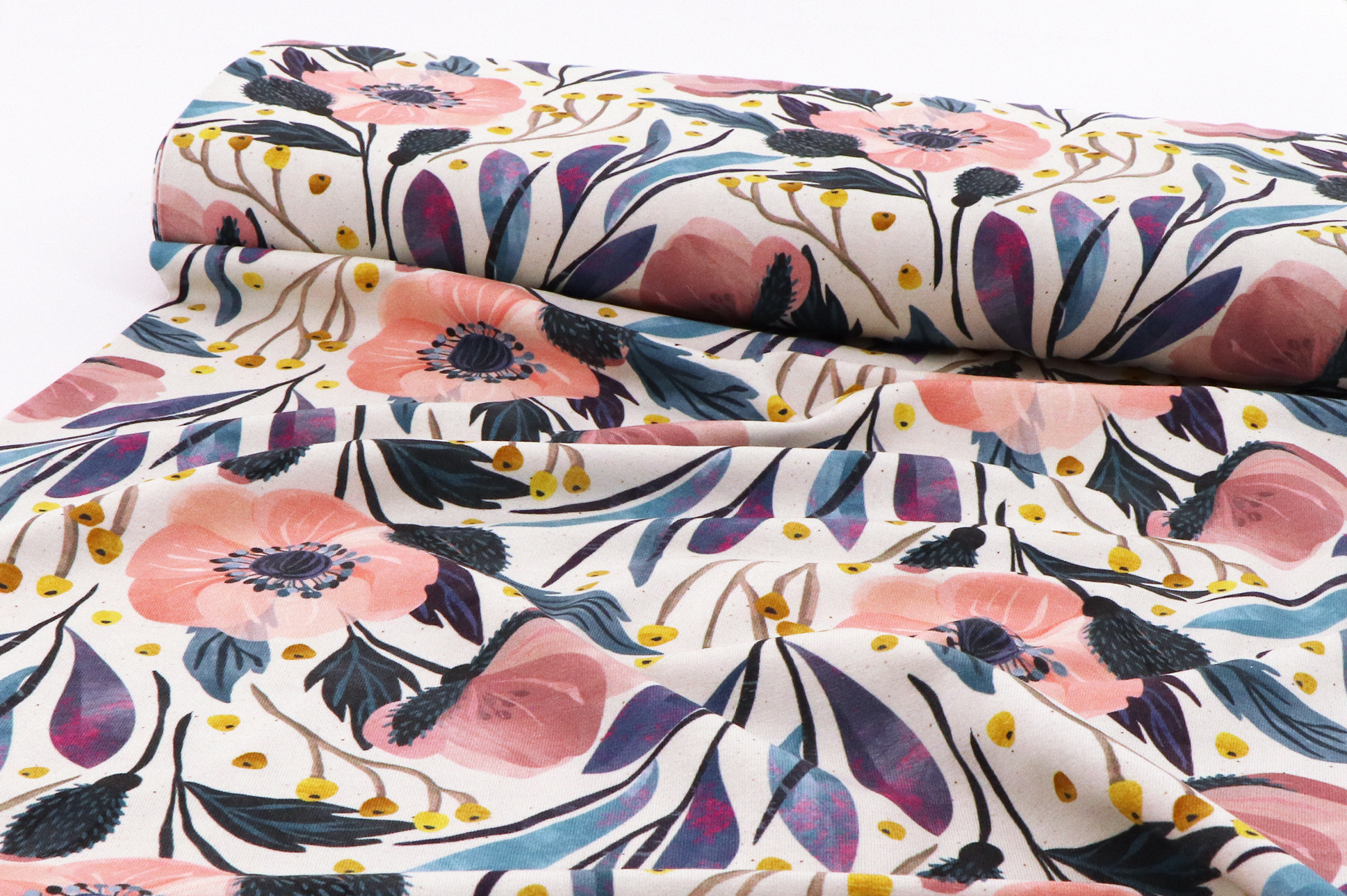 Bio - Baumwolljersey, rosa Mohnblumen auf beige 