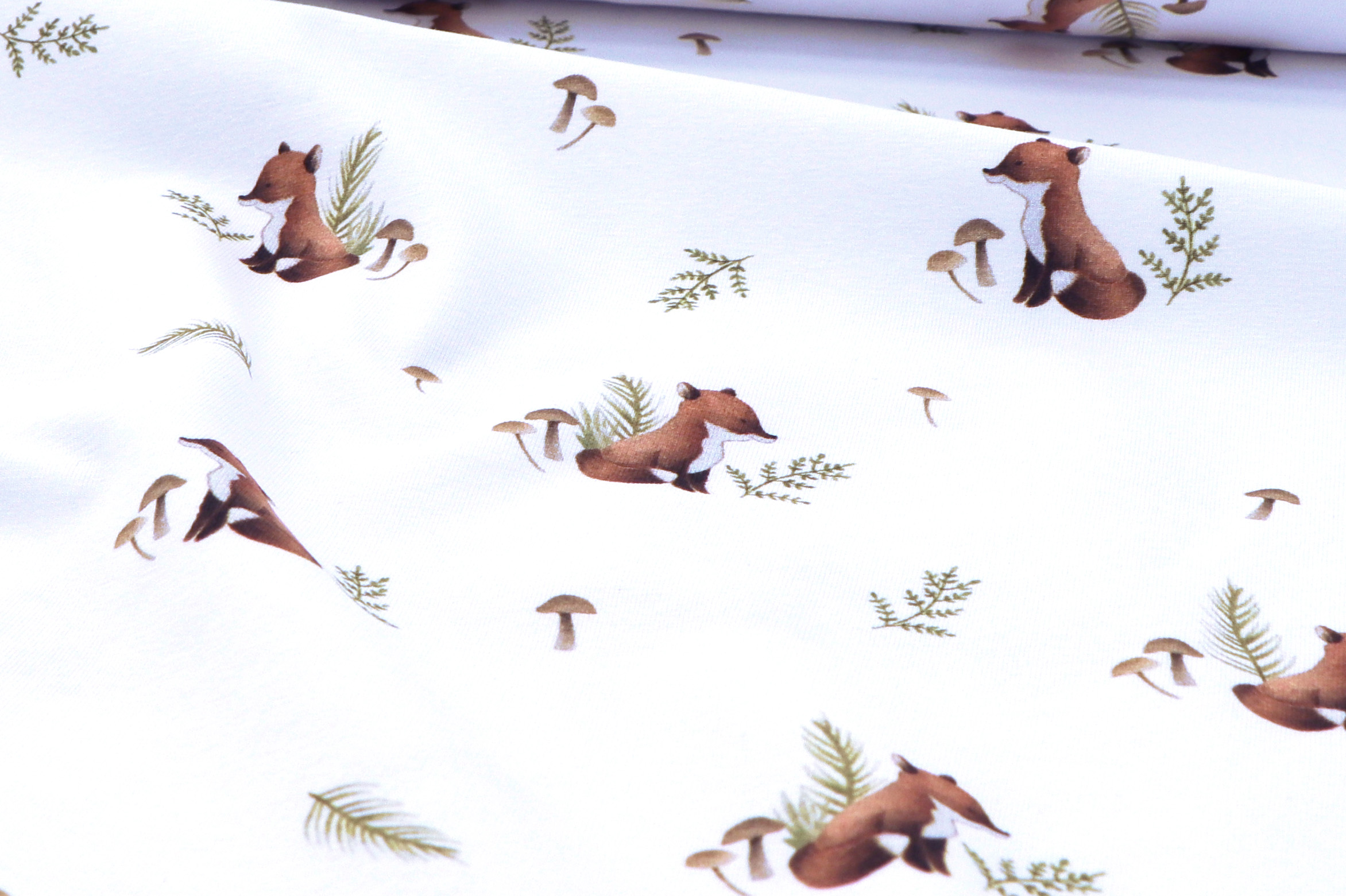 Baumwolljersey Digitaldruck, kleiner Fuchs mit Pilzen
