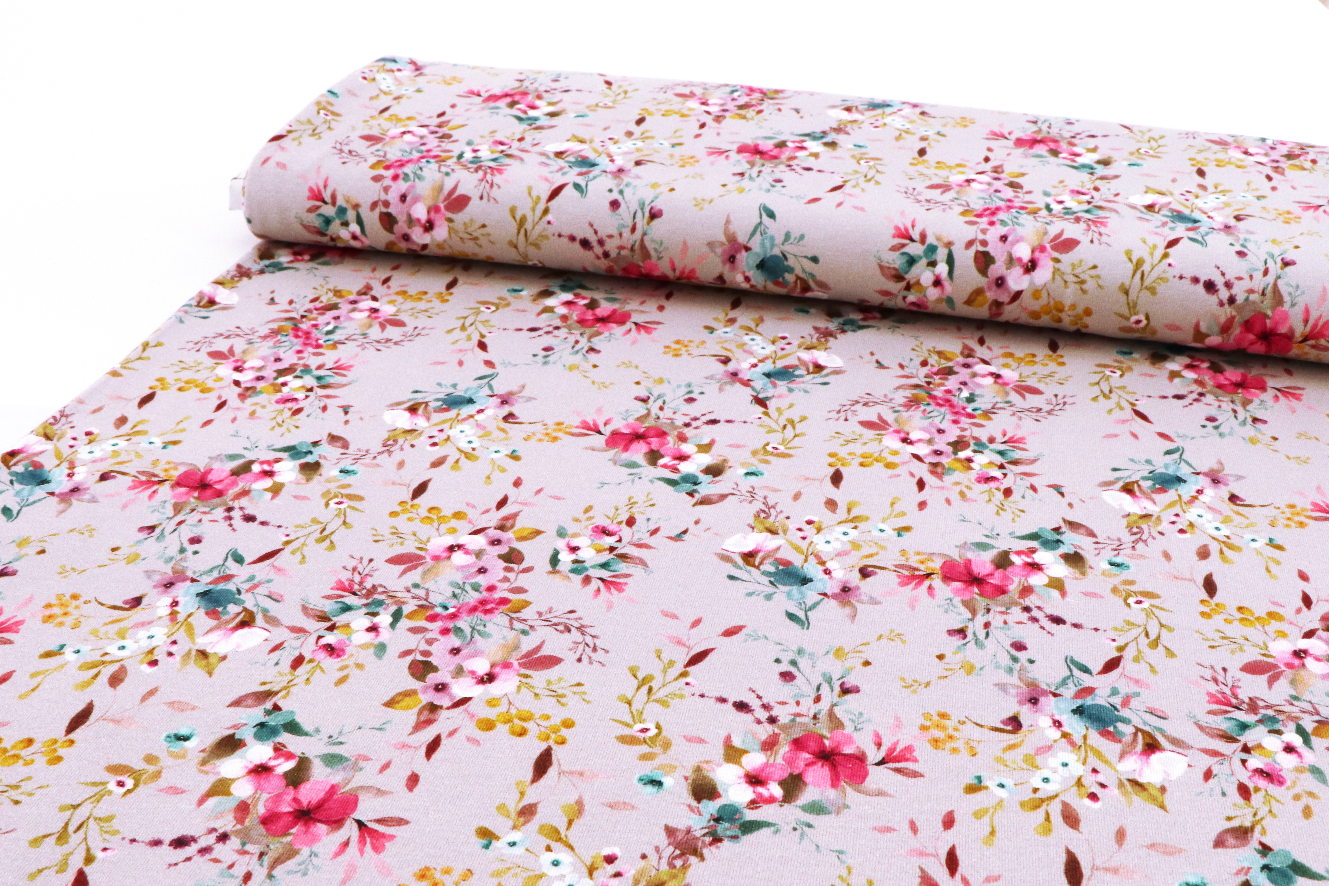 Baumwolljersey, Blumenbukett pink / türkis auf grau Baumwolljersey, Blumenbukett pink / türkis auf grau