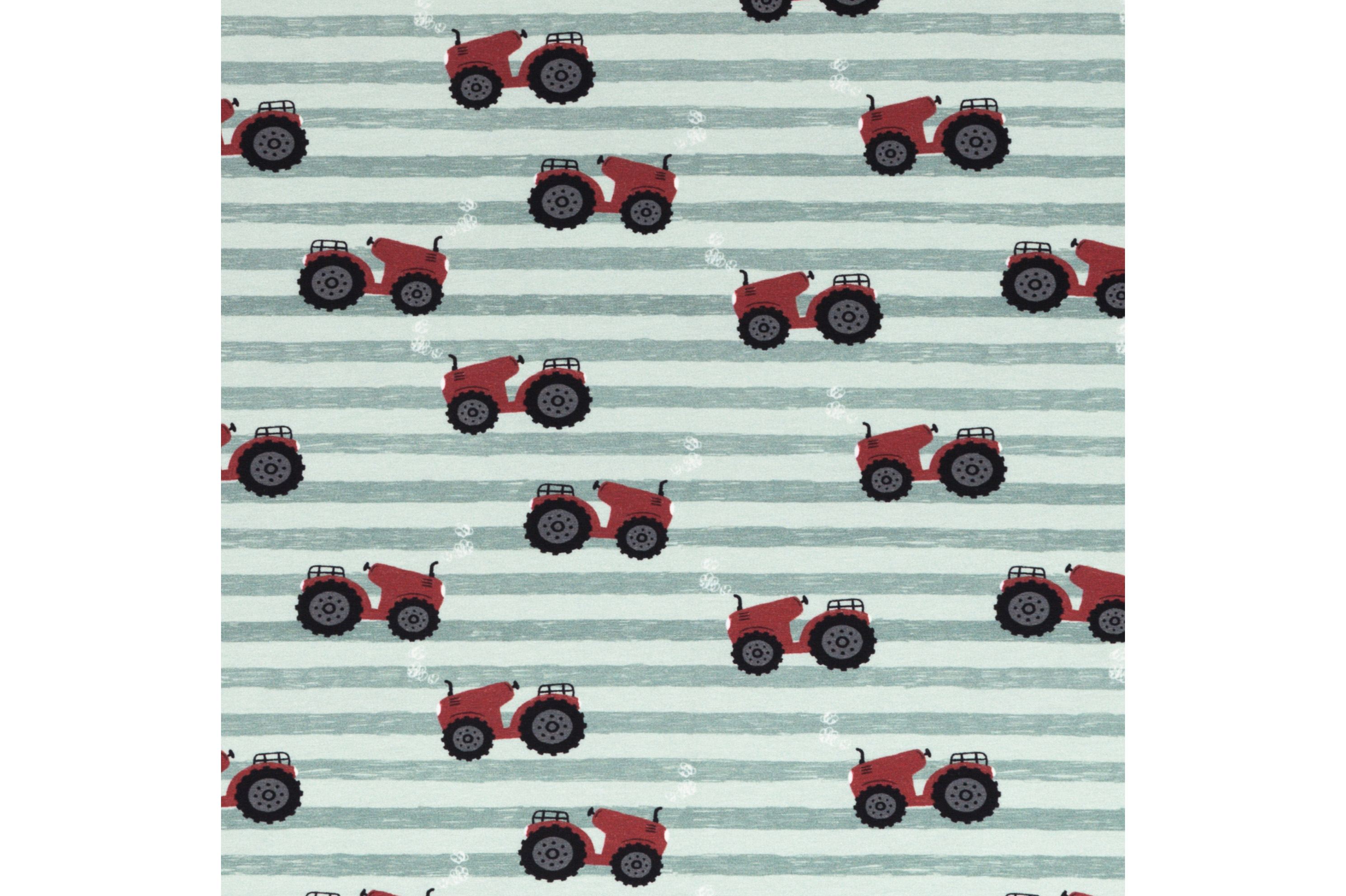 Baumwolljersey, rotbrauner Traktor auf mint Streifen