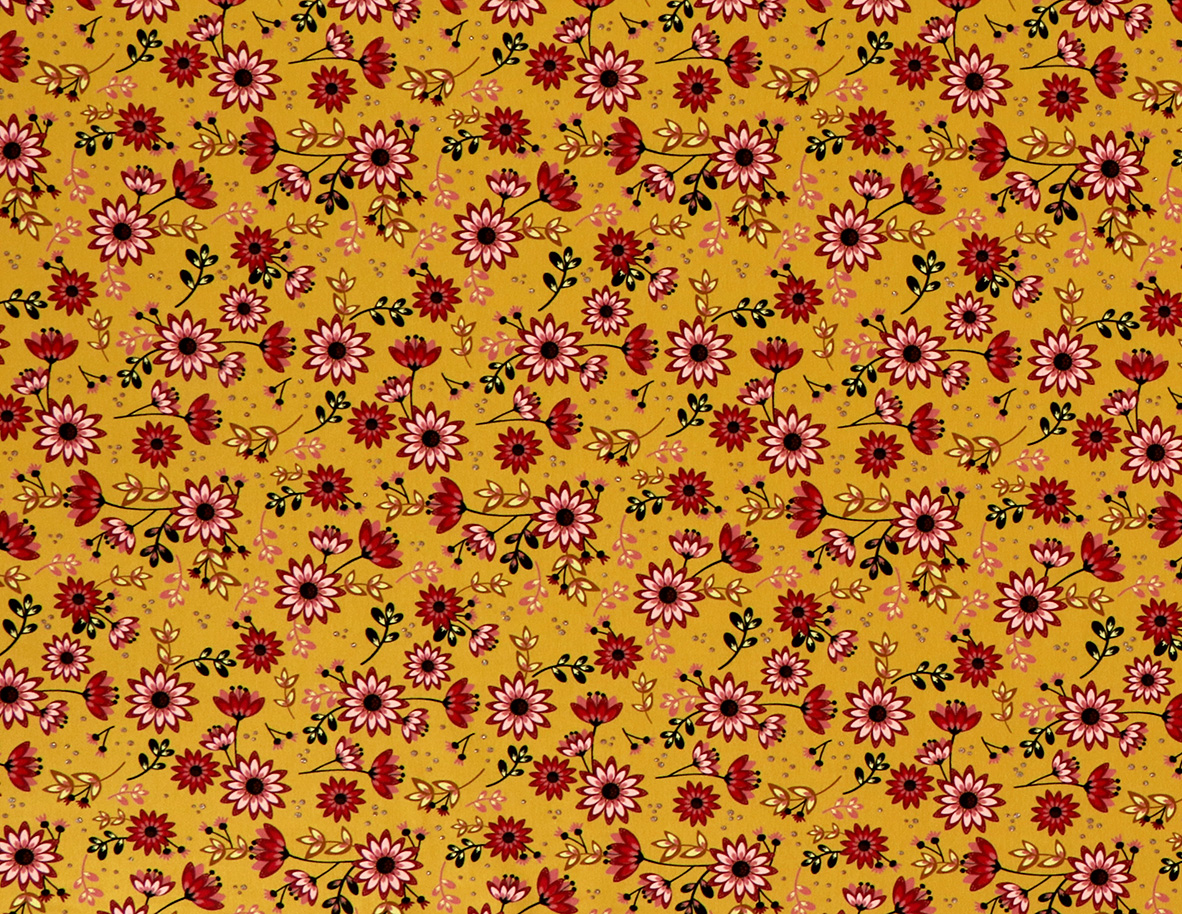 Baumwolljersey, rosa Blumen mit goldenen Glitzer auf hellocker