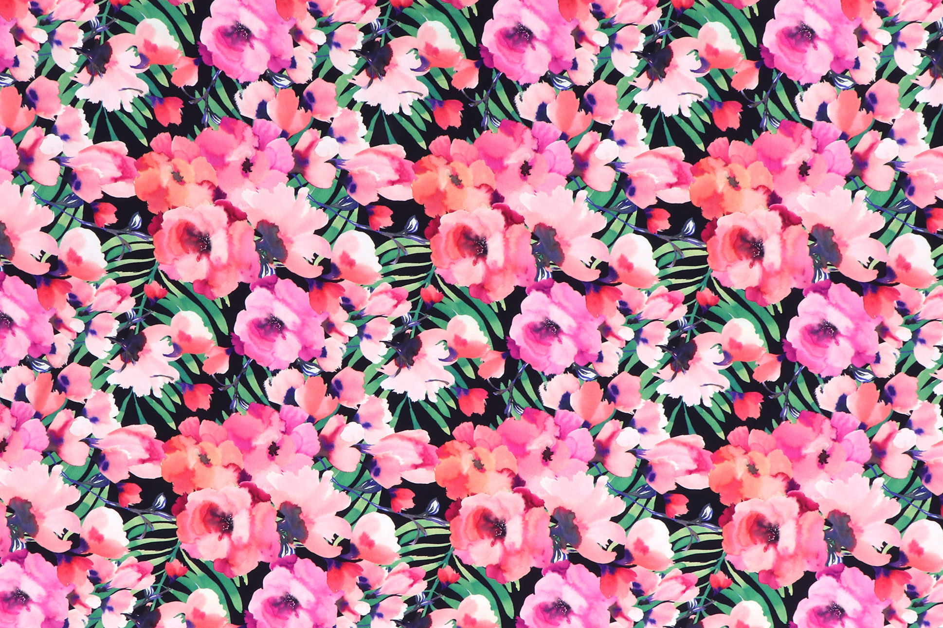 Baumwolljersey, Blumen und Palmenblätter