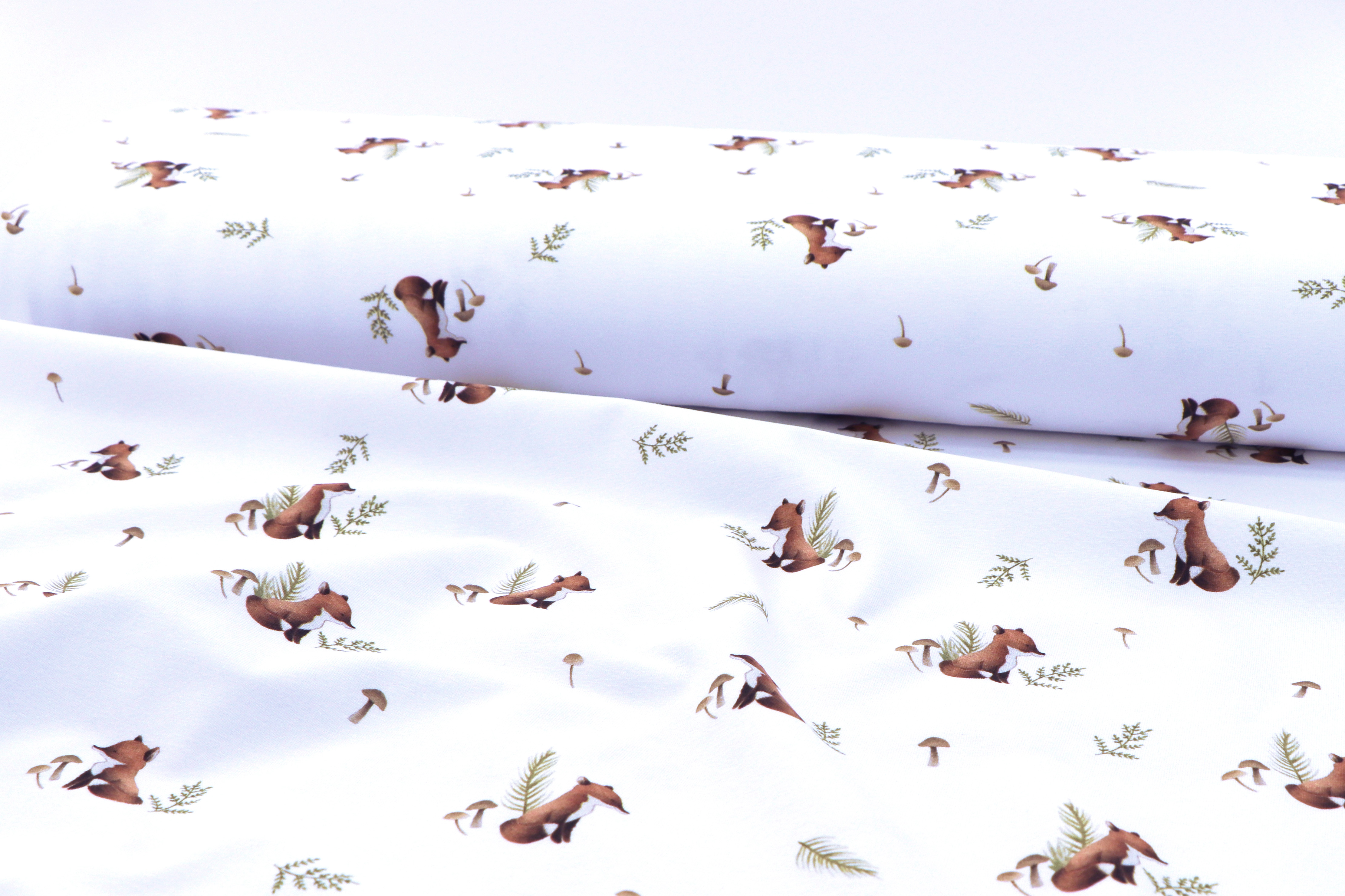 Baumwolljersey Digitaldruck, kleiner Fuchs mit Pilzen