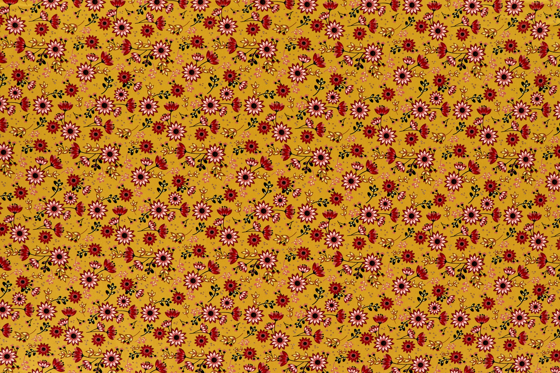 Baumwolljersey, rosa Blumen mit goldenen Glitzer auf hellocker