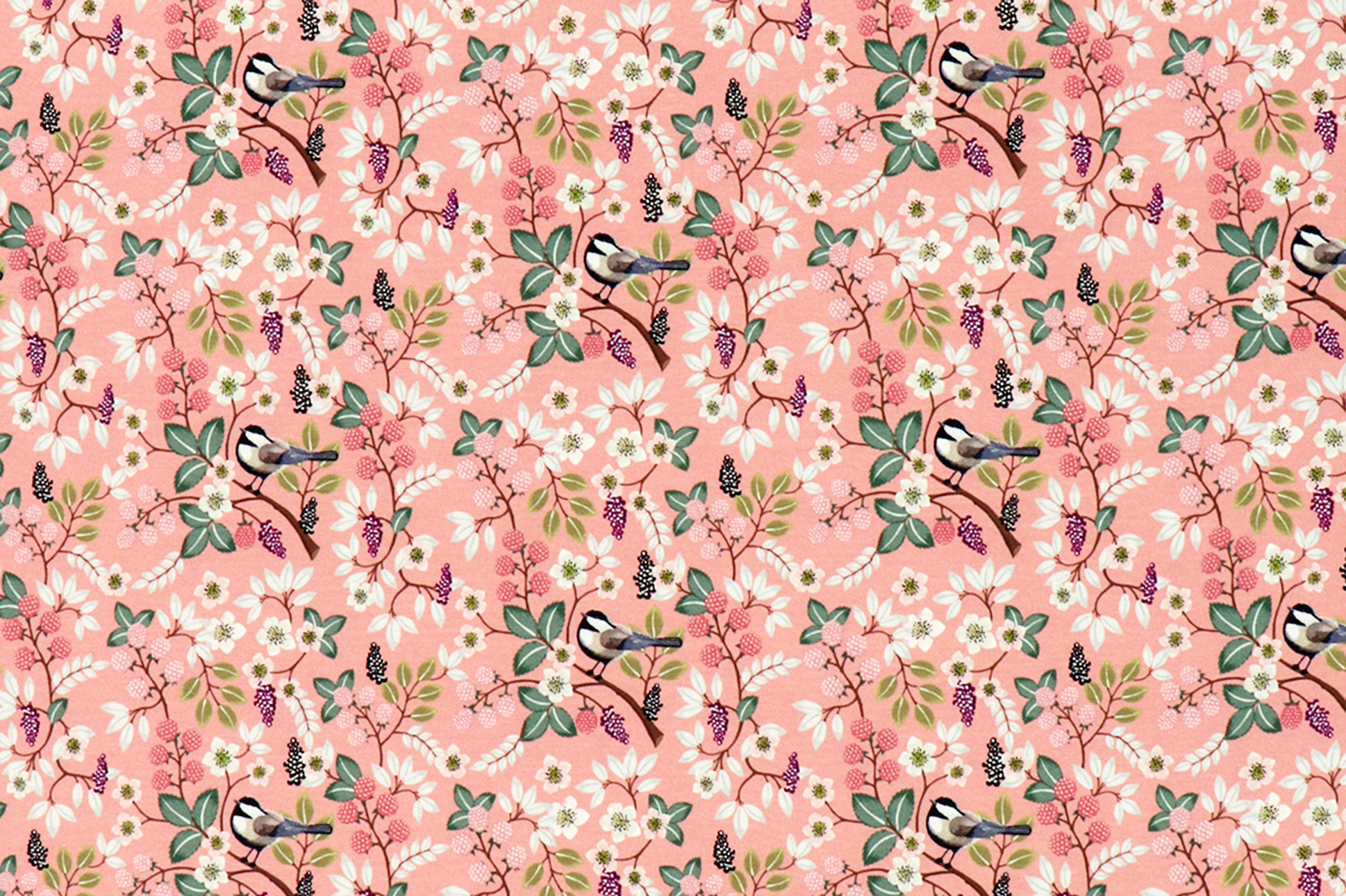 Jersey Fräulein von Julie, Vögelchen im Beerenstrauch apricot-rosa