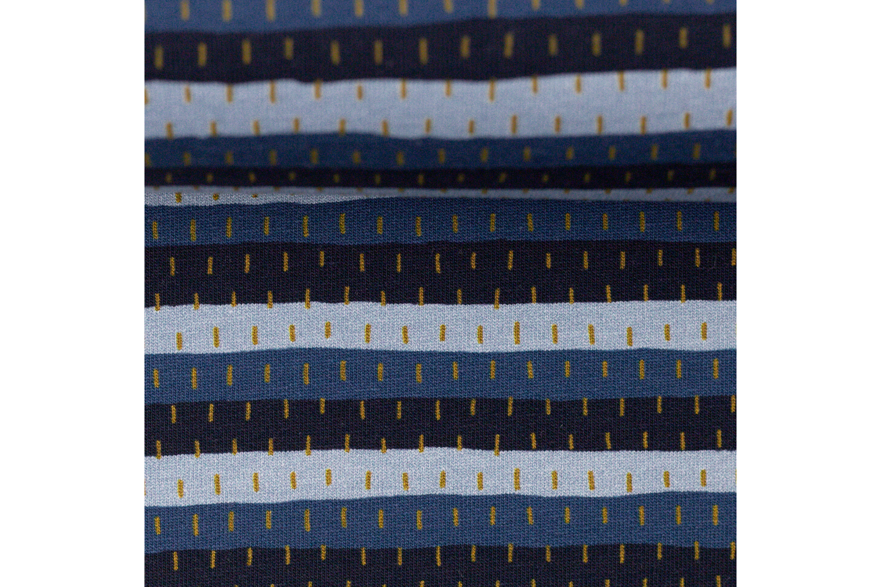 French Terry, Streifen in blauen Tönen mit kleinen ocker Strichen