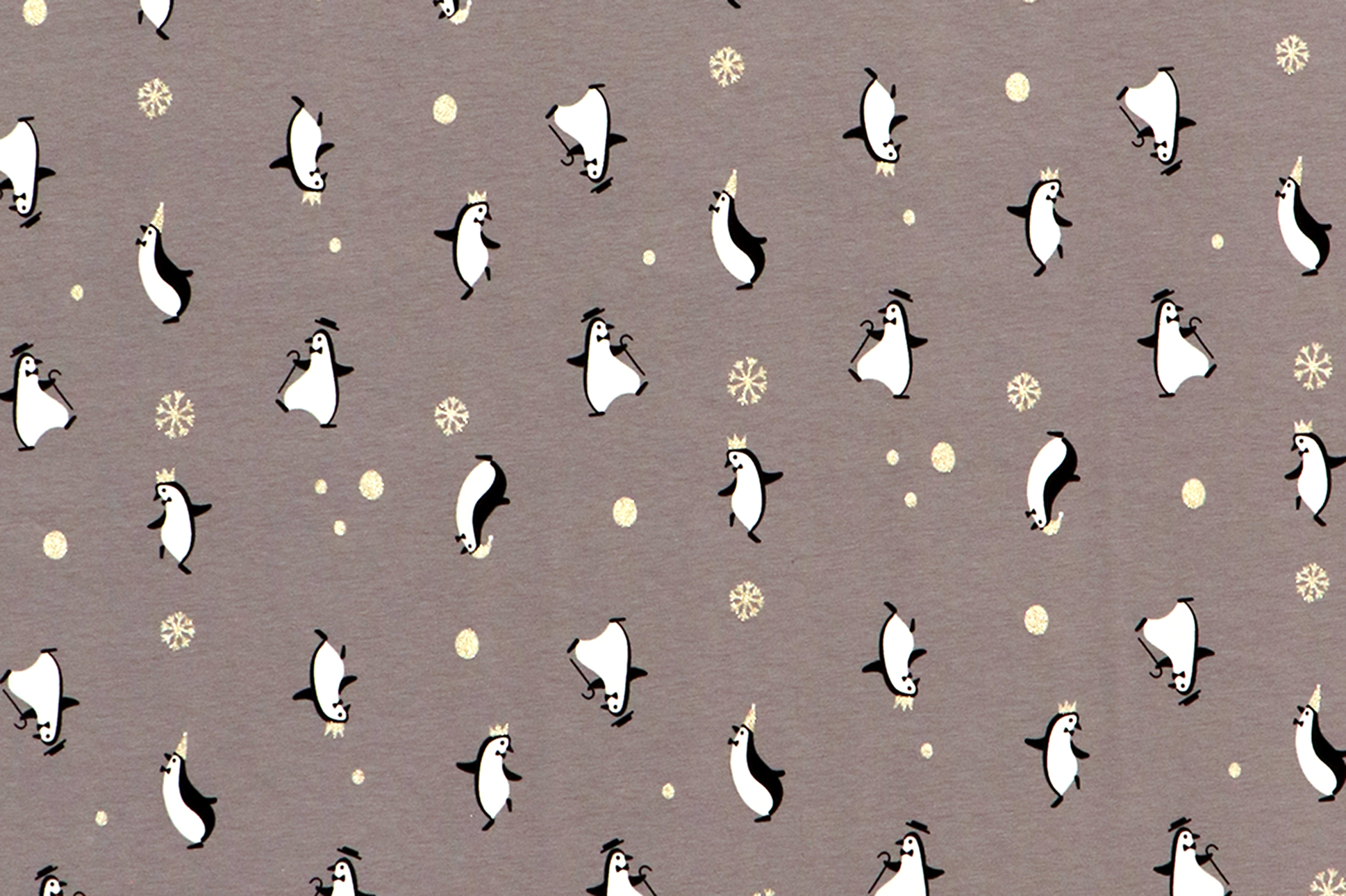 Baumwolljersey, tanzender Pinguin mit gold glitzer Sternen auf grau