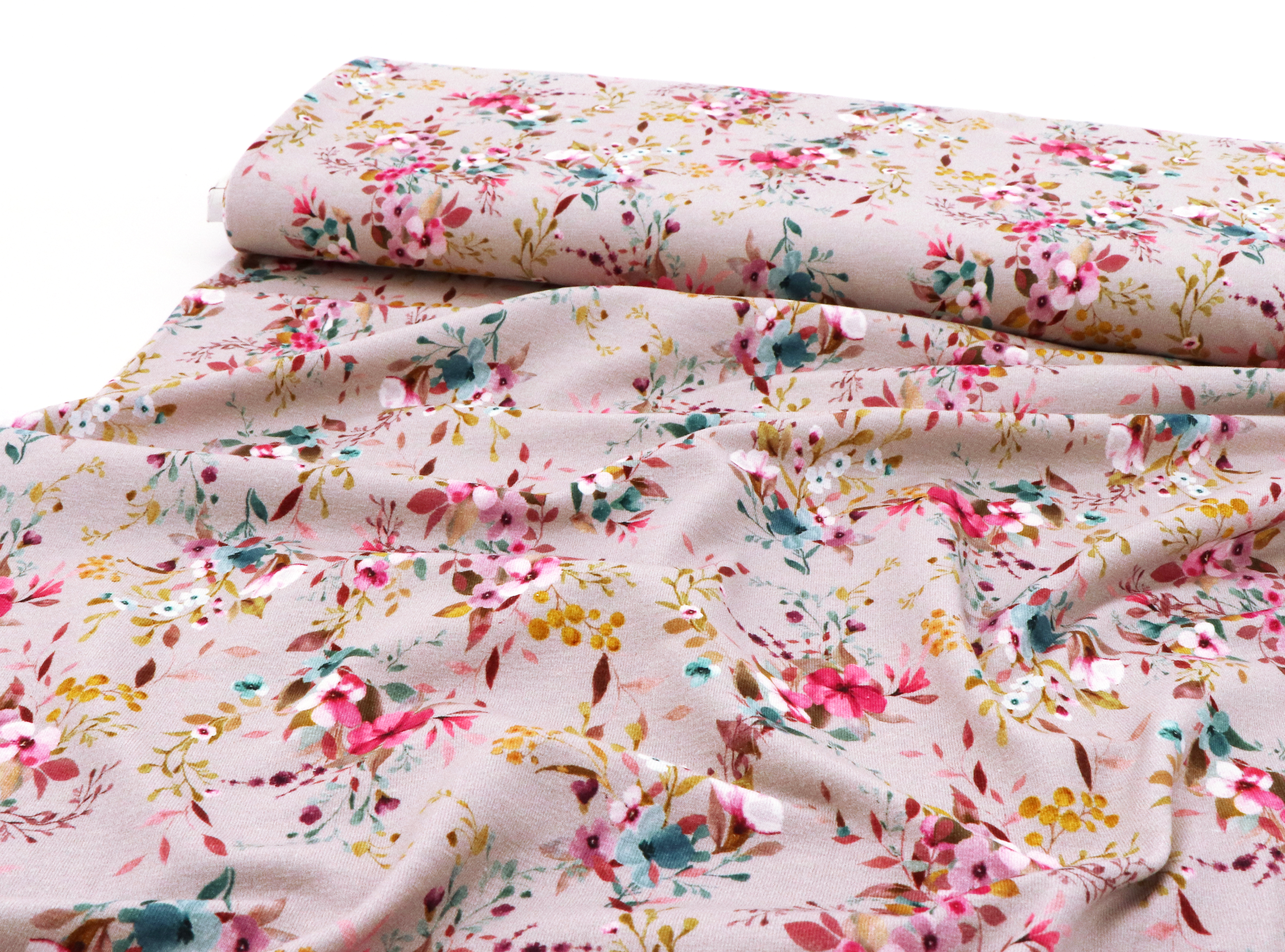 Baumwolljersey, Blumenbukett pink / türkis auf grau Baumwolljersey, Blumenbukett pink / türkis auf grau